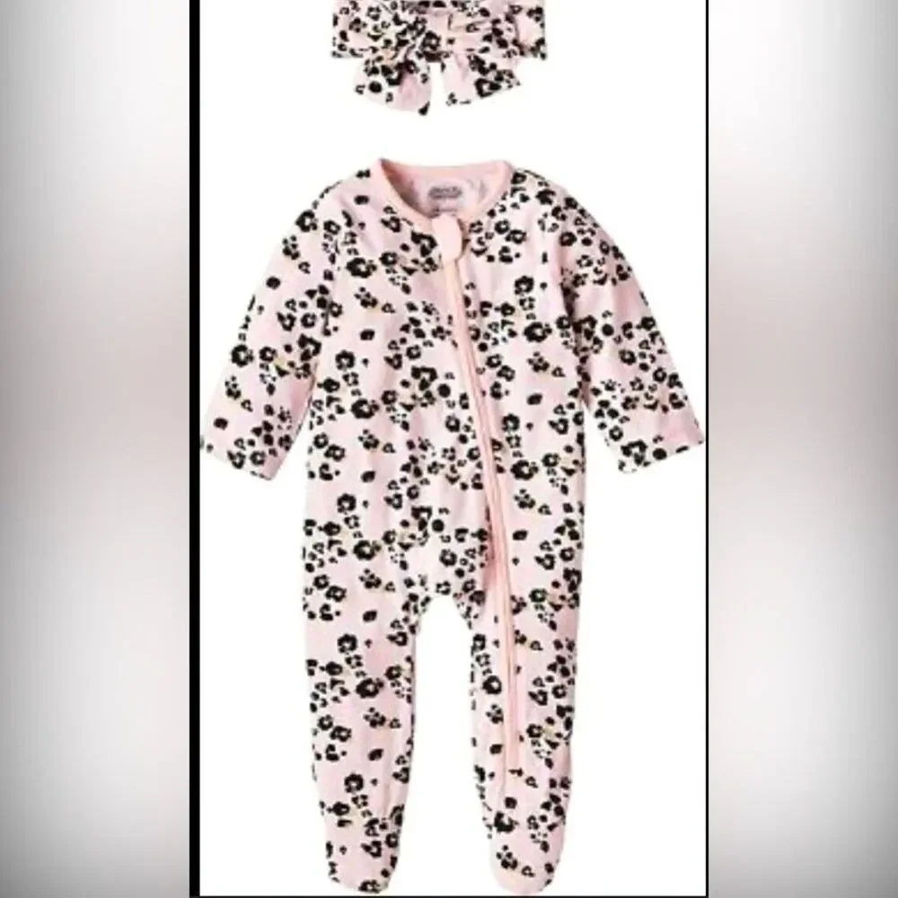 New Mud Pie Baby Girl Sleeper & Headband 3-6 mos. LEOPARD Pink Footed gift